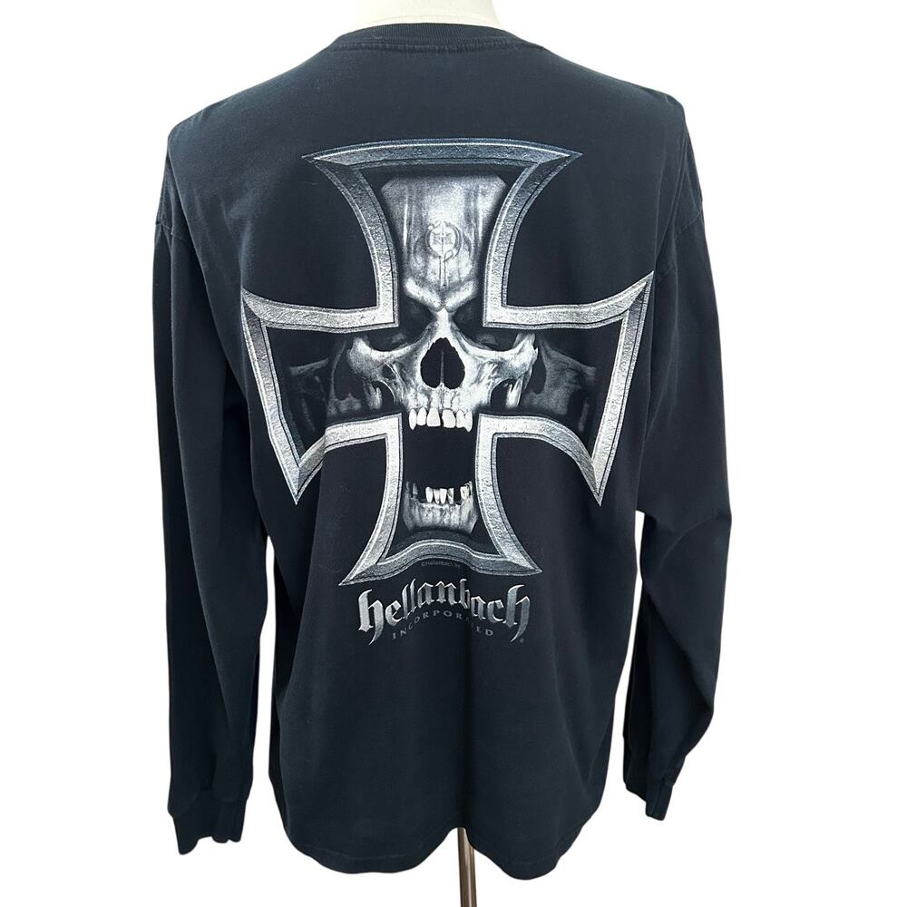 Hellanbach Iron Cross Skull Long Sleeve Motorcycle Biker Graphic Tee Men's XL